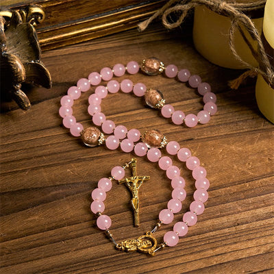 Christianartworkshop Handmade Pink Chalcedony & Porcelain Golden Sand Our Father Beads Prayer Rosary