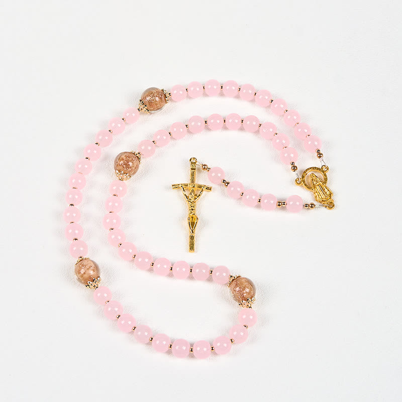 Christianartworkshop Handmade Pink Chalcedony & Porcelain Golden Sand Our Father Beads Prayer Rosary