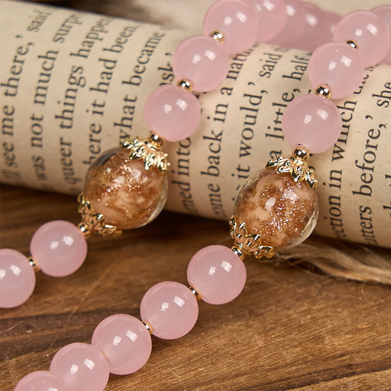 Christianartworkshop Handmade Pink Chalcedony & Porcelain Golden Sand Our Father Beads Prayer Rosary