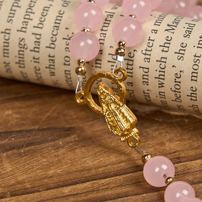 Christianartworkshop Handmade Pink Chalcedony & Porcelain Golden Sand Our Father Beads Prayer Rosary
