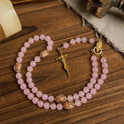 Christianartworkshop Handmade Pink Chalcedony & Porcelain Golden Sand Our Father Beads Prayer Rosary