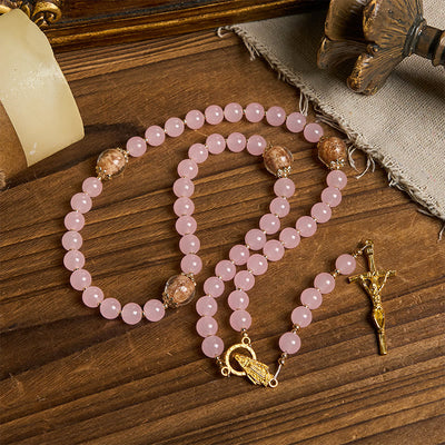 Christianartworkshop Handmade Pink Chalcedony & Porcelain Golden Sand Our Father Beads Prayer Rosary
