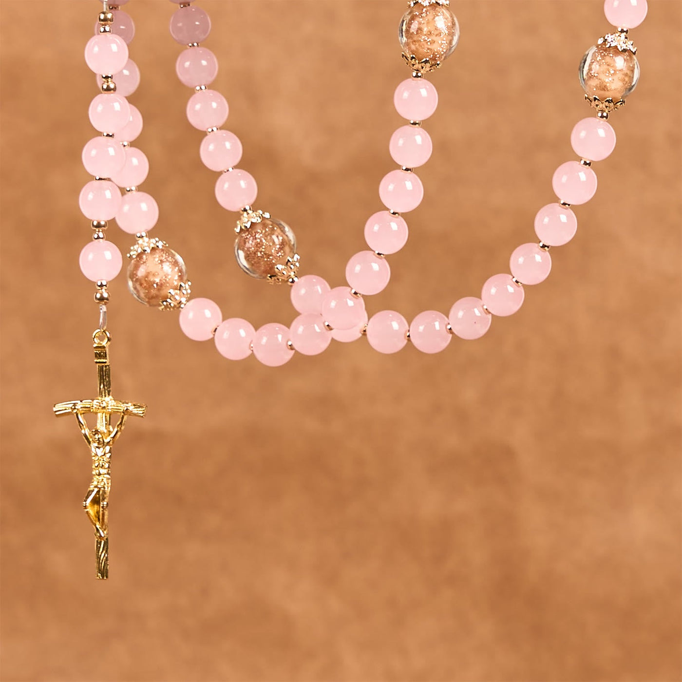 Christianartworkshop Handmade Pink Chalcedony & Porcelain Golden Sand Our Father Beads Prayer Rosary