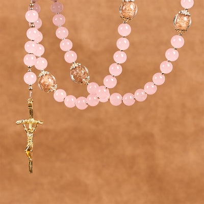 Christianartworkshop Handmade Pink Chalcedony & Porcelain Golden Sand Our Father Beads Prayer Rosary