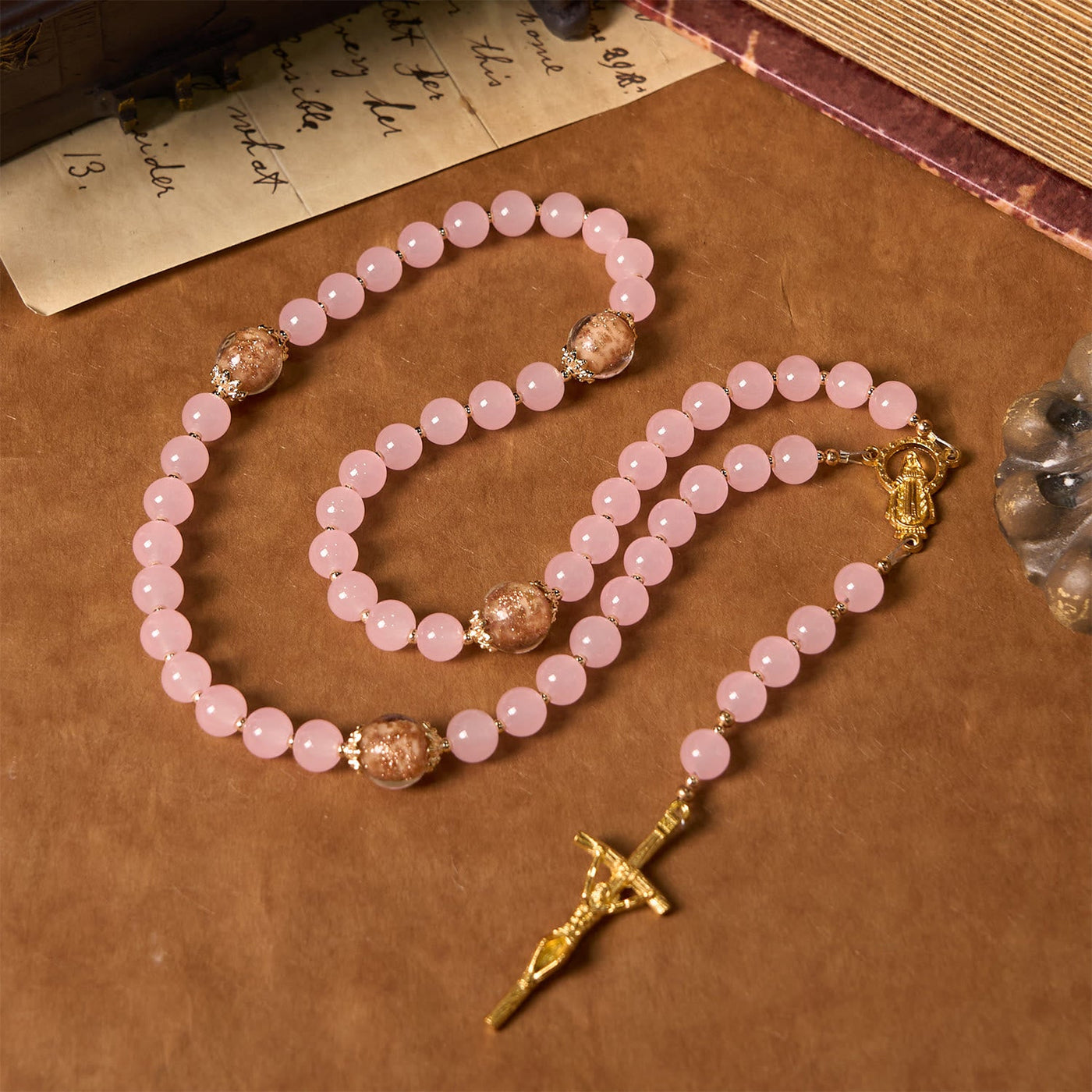 Christianartworkshop Handmade Pink Chalcedony & Porcelain Golden Sand Our Father Beads Prayer Rosary