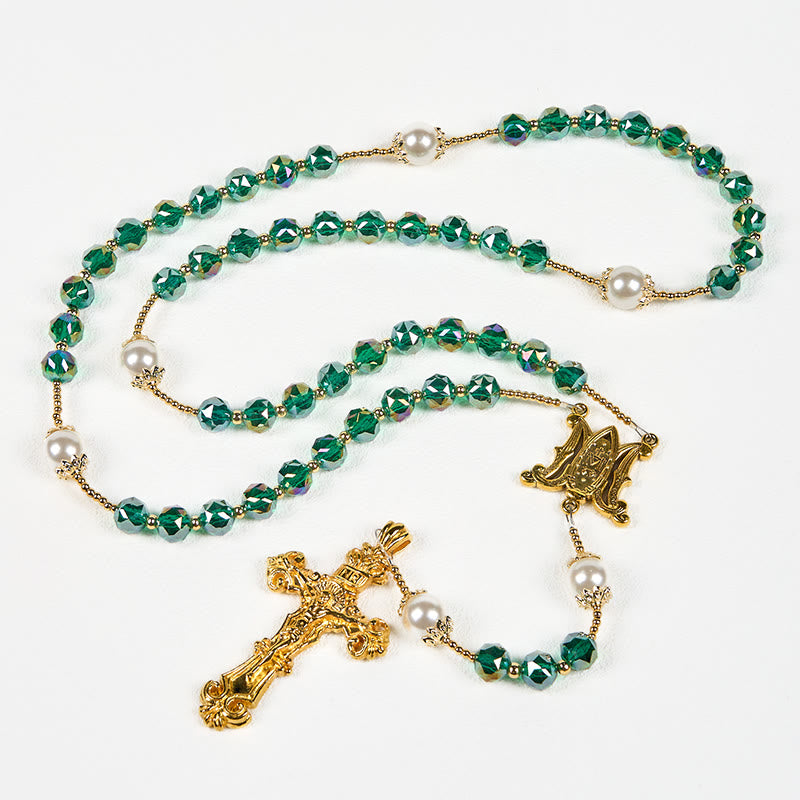 Christianartworkshop Handmade Emerald Green Crystal & Pearl Our Father Beads Divine Grace Rosary