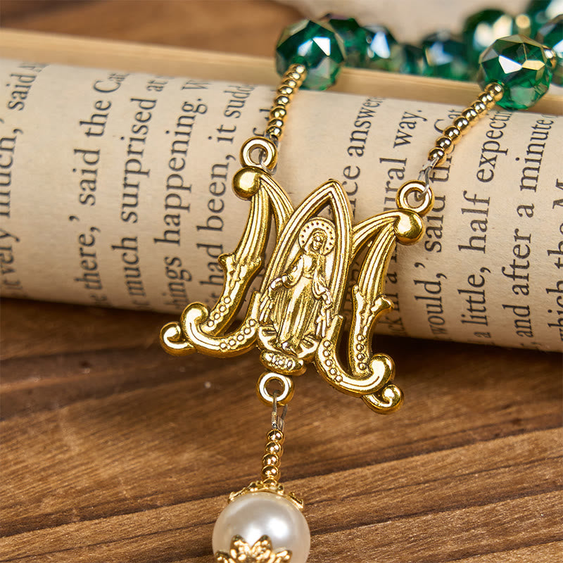 Christianartworkshop Handmade Emerald Green Crystal & Pearl Our Father Beads Divine Grace Rosary