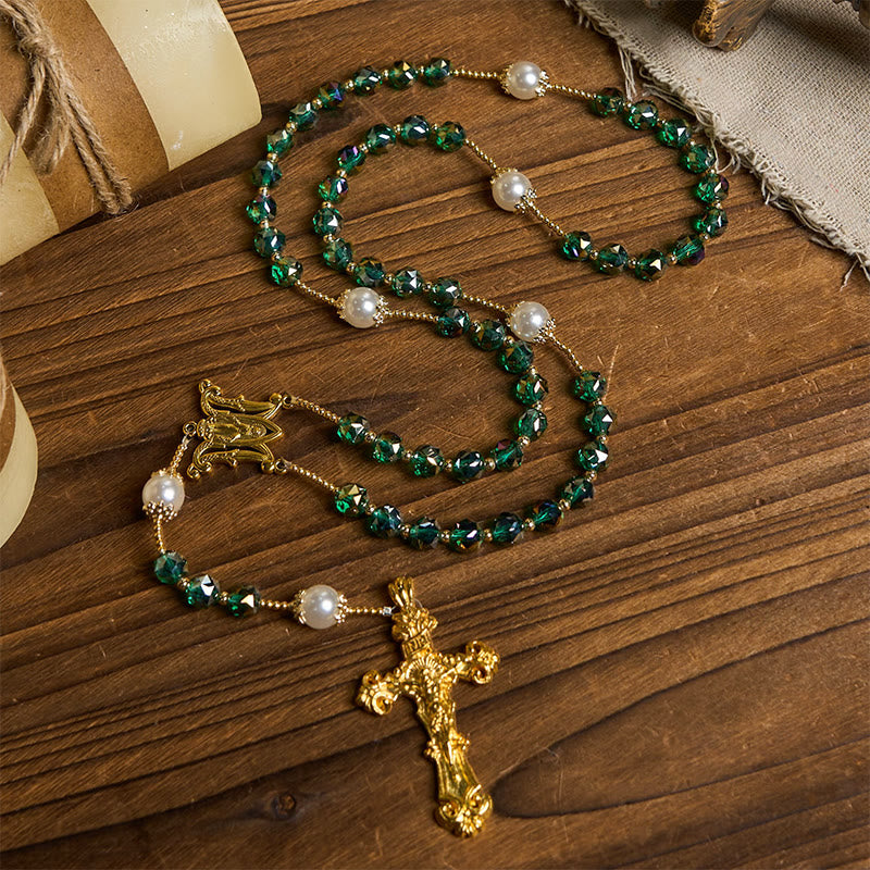 Christianartworkshop Handmade Emerald Green Crystal & Pearl Our Father Beads Divine Grace Rosary