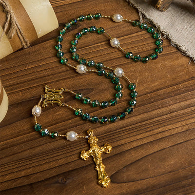 Christianartworkshop Handmade Emerald Green Crystal & Pearl Our Father Beads Divine Grace Rosary