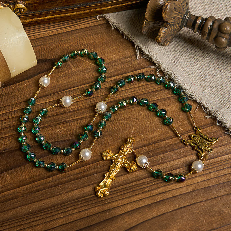 Christianartworkshop Handmade Emerald Green Crystal & Pearl Our Father Beads Divine Grace Rosary
