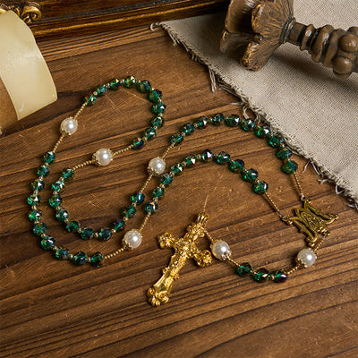Christianartworkshop Handmade Emerald Green Crystal & Pearl Our Father Beads Divine Grace Rosary