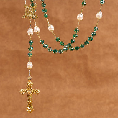 Christianartworkshop Handmade Emerald Green Crystal & Pearl Our Father Beads Divine Grace Rosary
