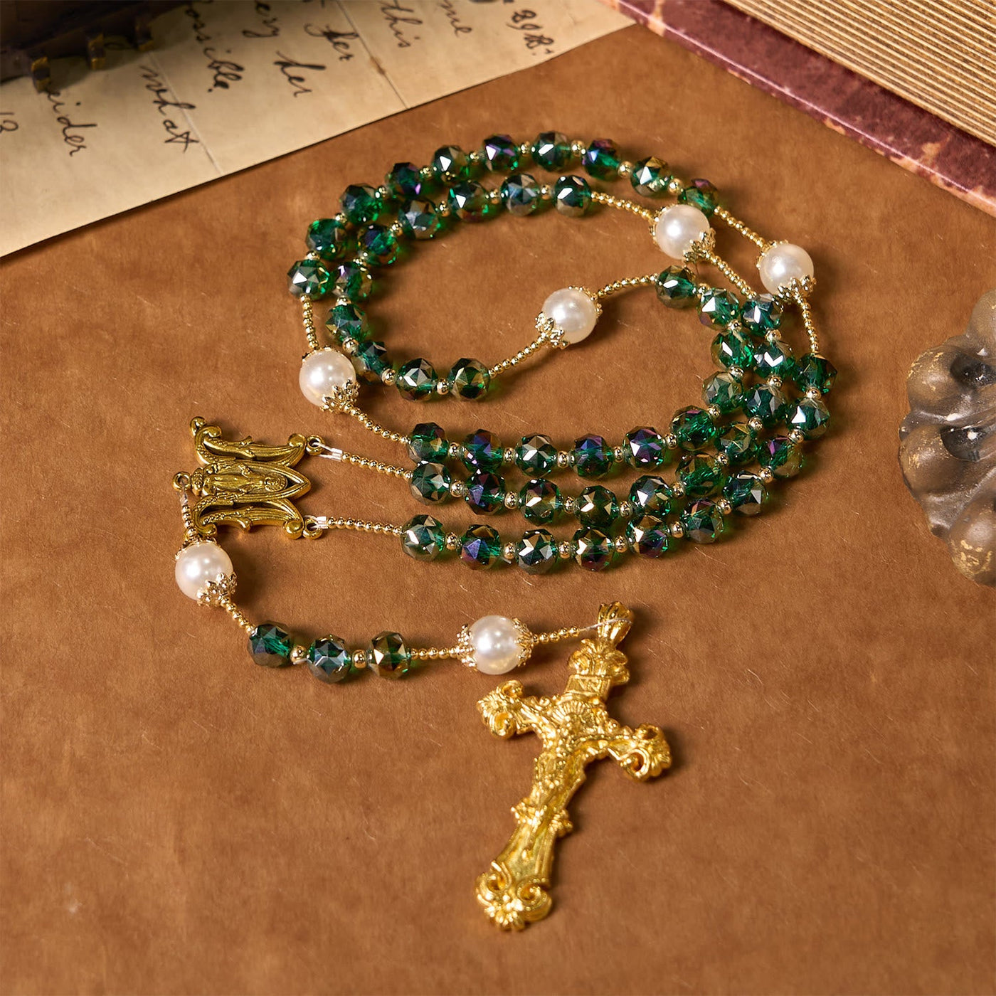 Christianartworkshop Handmade Emerald Green Crystal & Pearl Our Father Beads Divine Grace Rosary