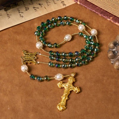 Christianartworkshop Handmade Emerald Green Crystal & Pearl Our Father Beads Divine Grace Rosary