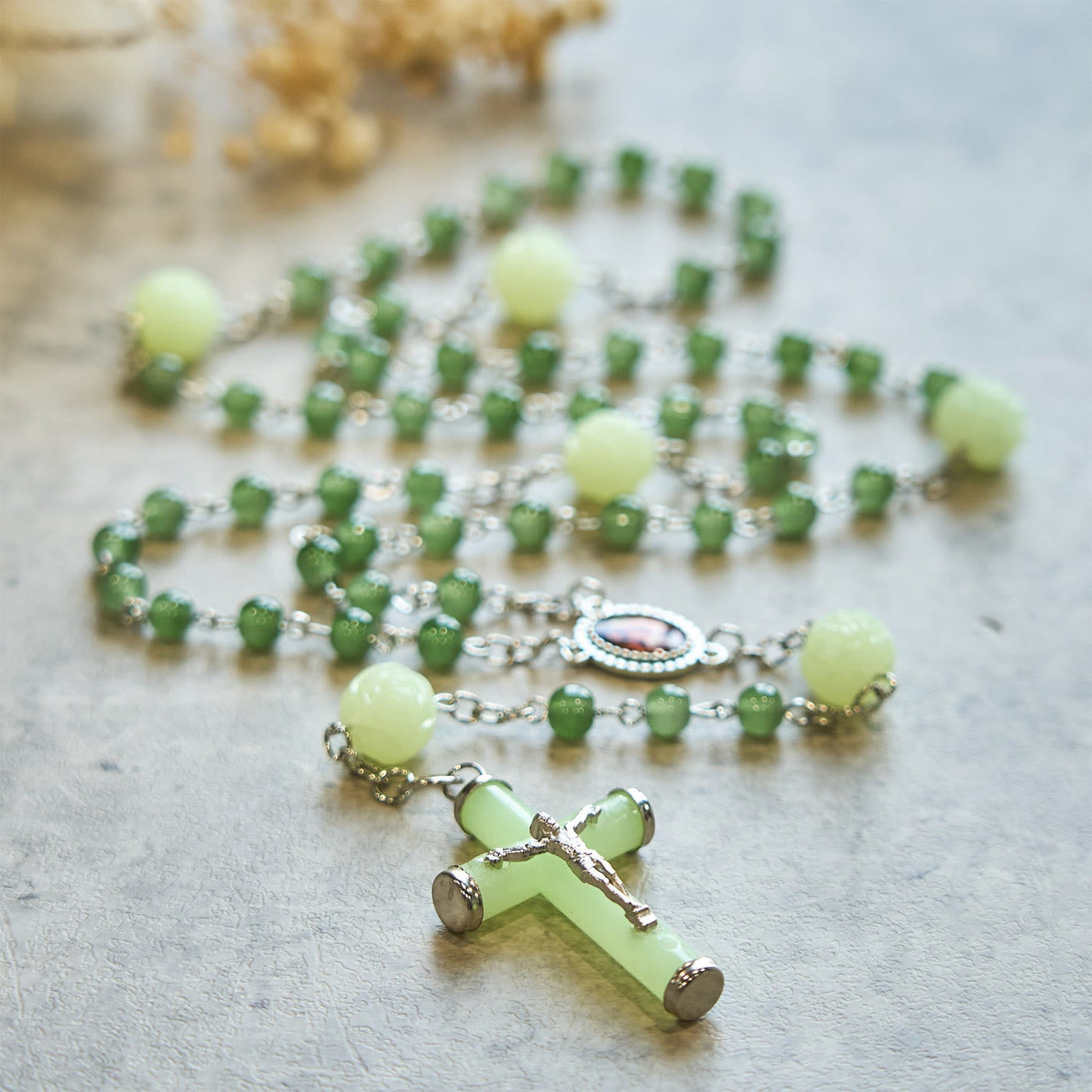 Christianartworkshop Jade & Luminous Rose Our Father Beads Glowing Faith Rosary: A Divine Companion