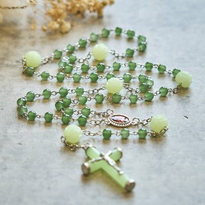 Christianartworkshop Jade & Luminous Rose Our Father Beads Glowing Faith Rosary: A Divine Companion