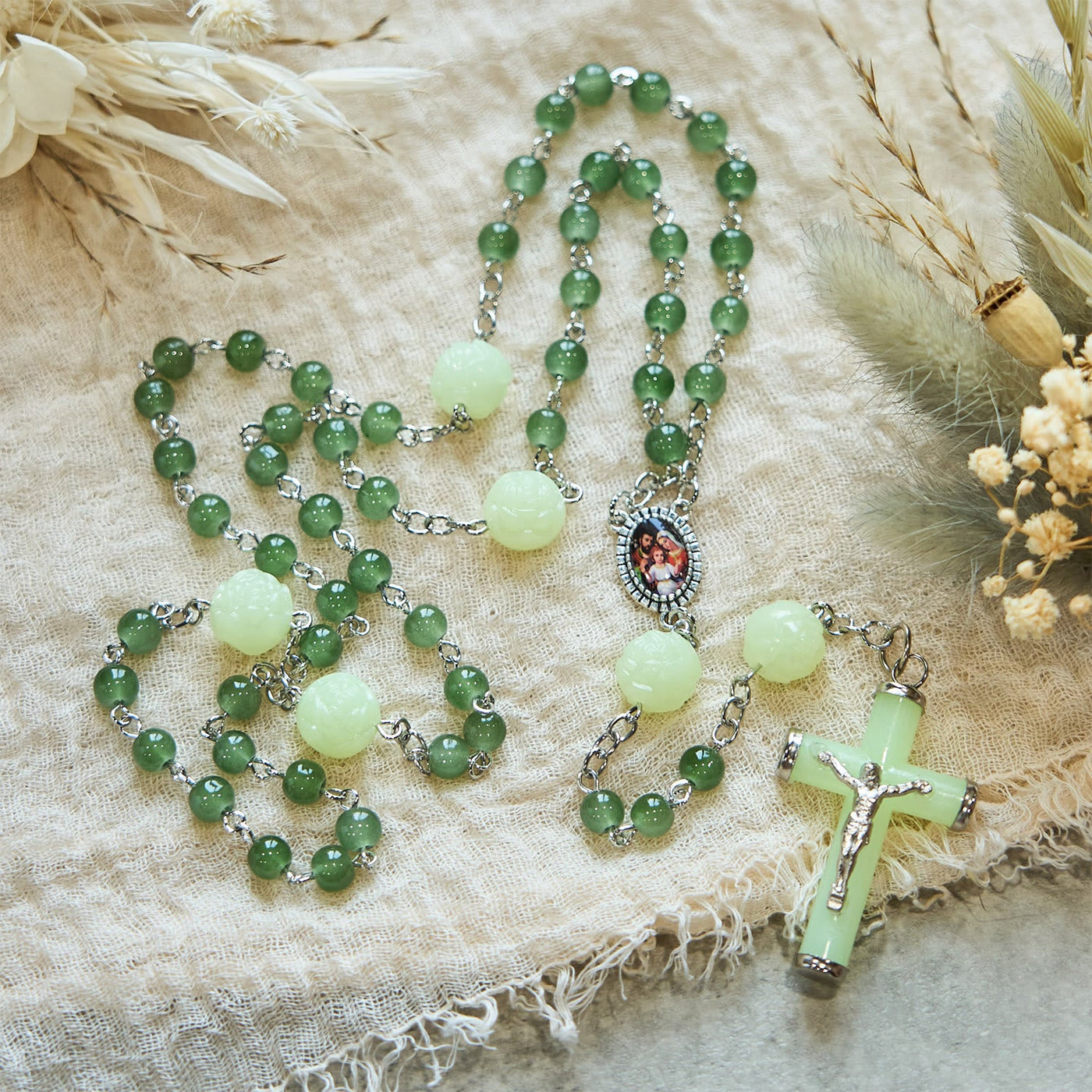 Christianartworkshop Jade & Luminous Rose Our Father Beads Glowing Faith Rosary: A Divine Companion