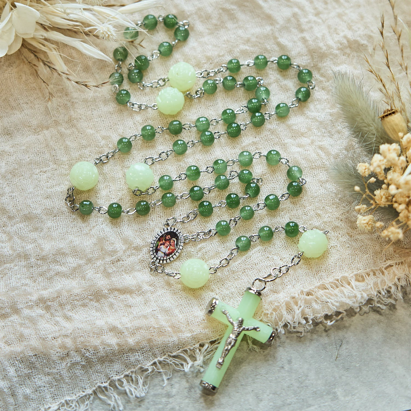 Christianartworkshop Jade & Luminous Rose Our Father Beads Glowing Faith Rosary: A Divine Companion