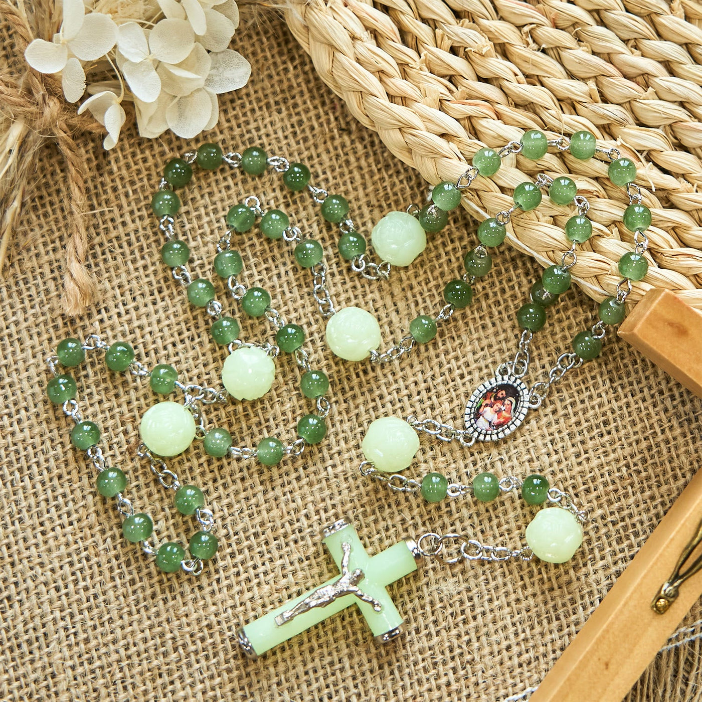 Christianartworkshop Jade & Luminous Rose Our Father Beads Glowing Faith Rosary: A Divine Companion