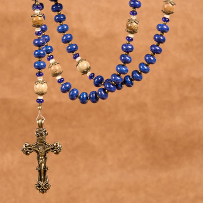 Christianartworkshop Handmade St. Therese of Lisieux Medal & Crucifix 8*10mm Oblate Lapis Lazuli & Map Stone Rosary