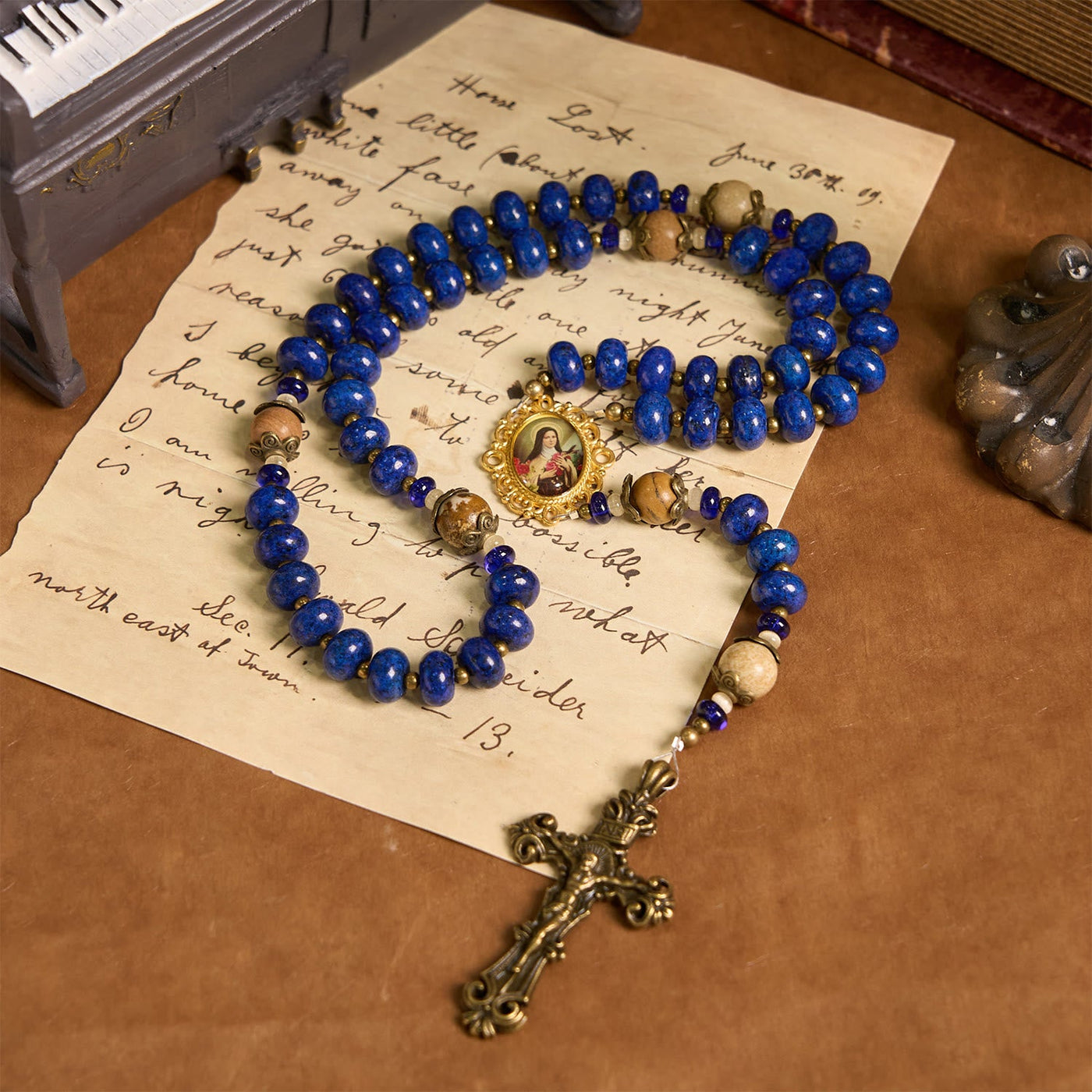 Christianartworkshop Handmade St. Therese of Lisieux Medal & Crucifix 8*10mm Oblate Lapis Lazuli & Map Stone Rosary