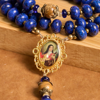 Christianartworkshop Handmade St. Therese of Lisieux Medal & Crucifix 8*10mm Oblate Lapis Lazuli & Map Stone Rosary