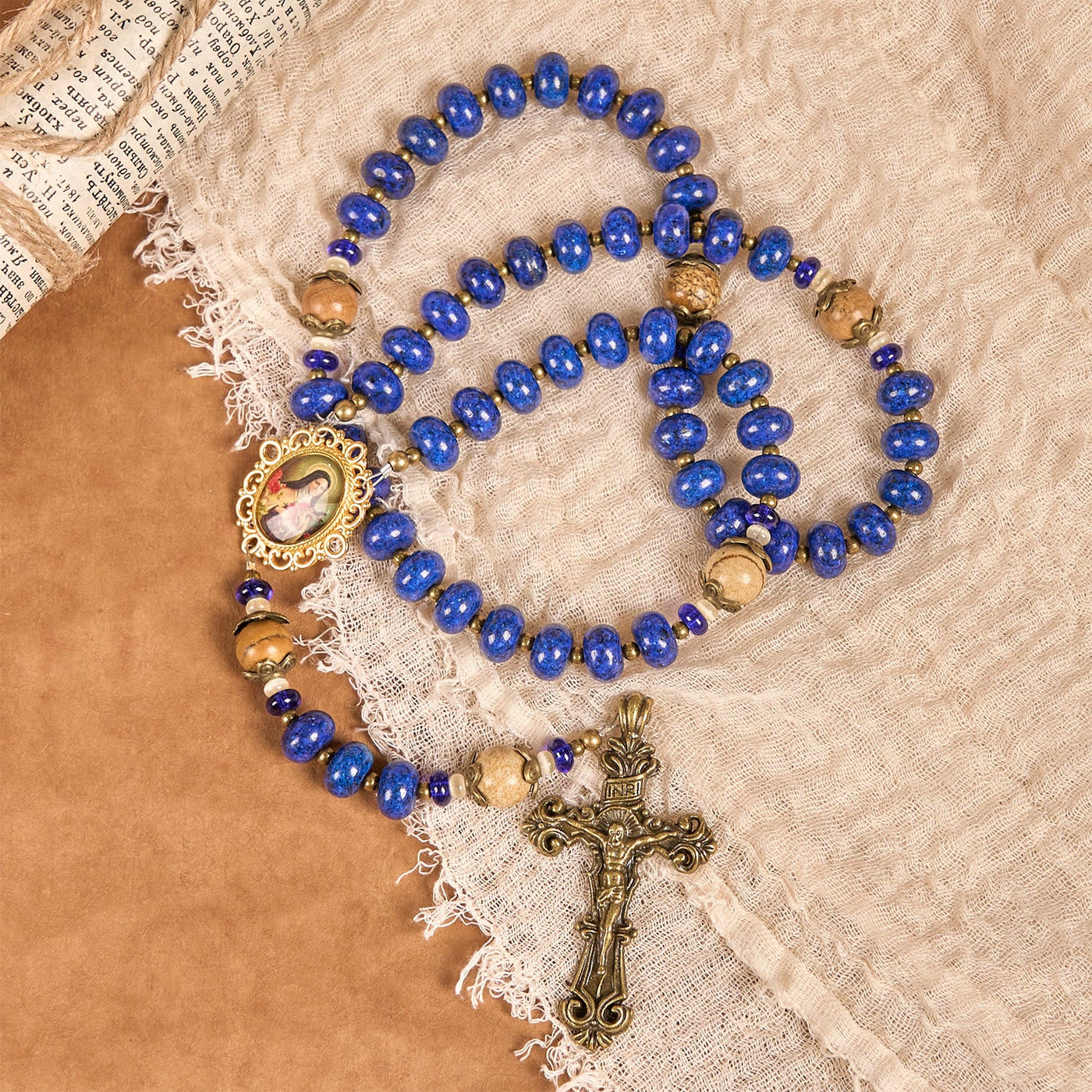Christianartworkshop Handmade St. Therese of Lisieux Medal & Crucifix 8*10mm Oblate Lapis Lazuli & Map Stone Rosary