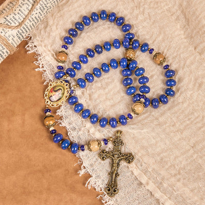 Christianartworkshop Handmade St. Therese of Lisieux Medal & Crucifix 8*10mm Oblate Lapis Lazuli & Map Stone Rosary