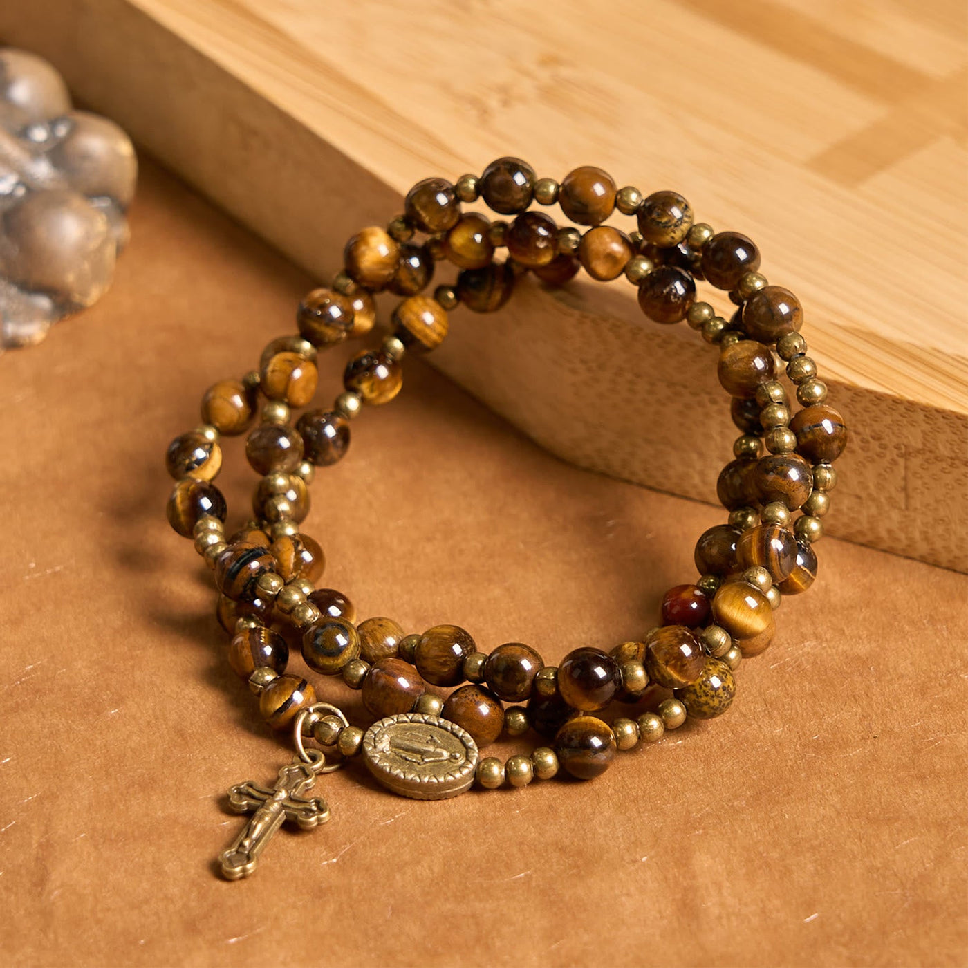 Christianartworkshop Handmade Tiger's Eye Stone Elastic Rosary Bracelet: A Dual - Purpose Spiritual Gem