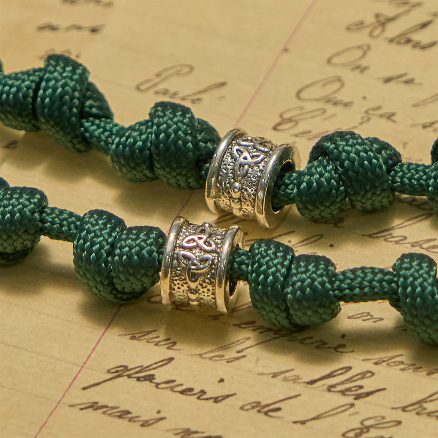 Christianartworkshop St. Patrick Medal Dark Green Celtic Style Cross Handmade Inspired Paracord Knotted Rosary