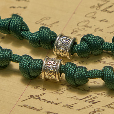 Christianartworkshop St. Patrick Medal Dark Green Celtic Style Cross Handmade Inspired Paracord Knotted Rosary
