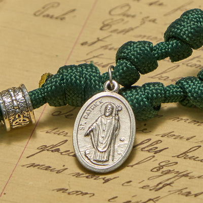 Christianartworkshop St. Patrick Medal Dark Green Celtic Style Cross Handmade Inspired Paracord Knotted Rosary