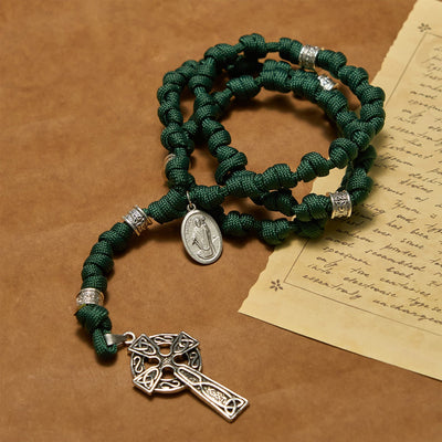 Christianartworkshop St. Patrick Medal Dark Green Celtic Style Cross Handmade Inspired Paracord Knotted Rosary