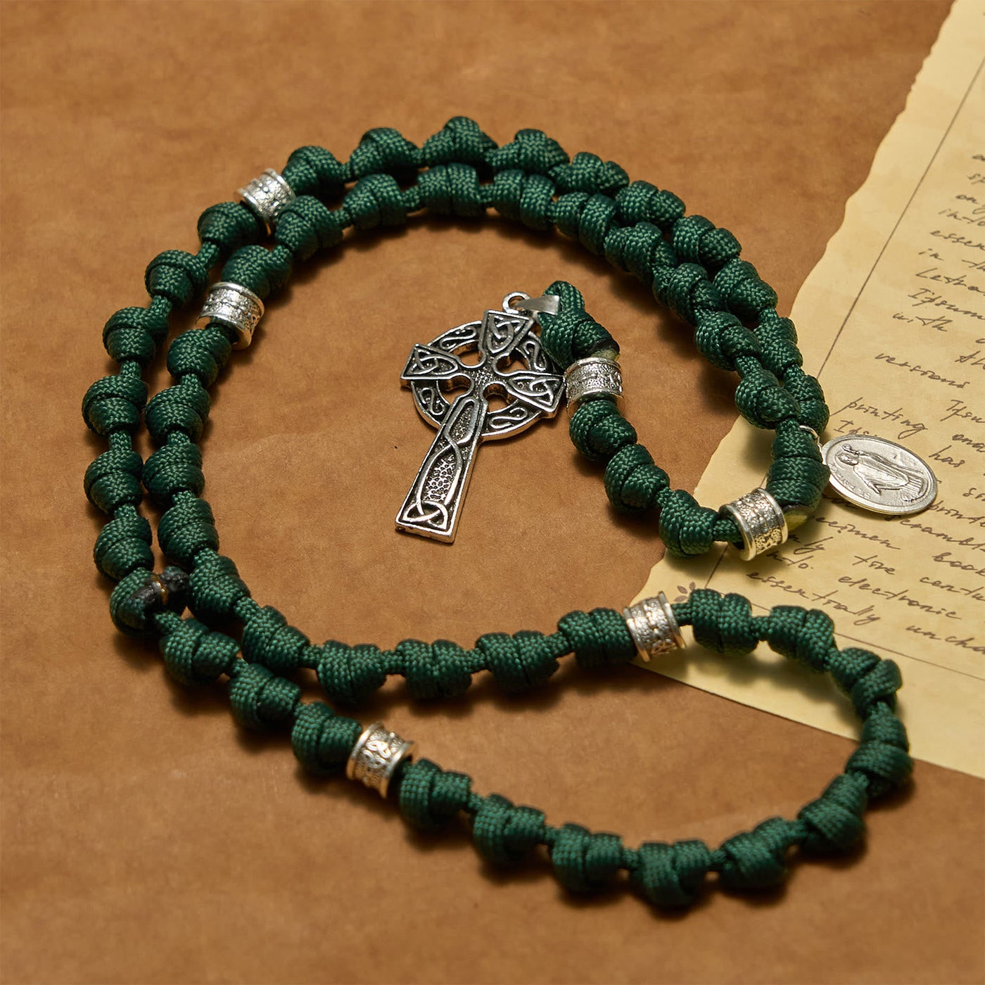 Christianartworkshop St. Patrick Medal Dark Green Celtic Style Cross Handmade Inspired Paracord Knotted Rosary