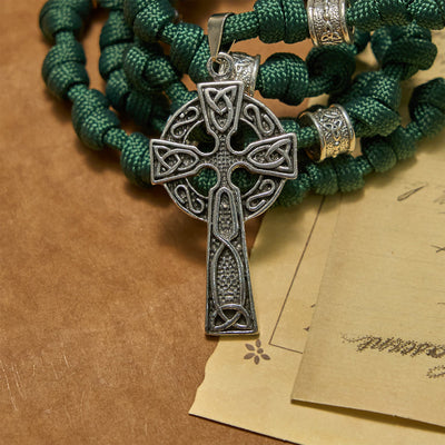 Christianartworkshop St. Patrick Medal Dark Green Celtic Style Cross Handmade Inspired Paracord Knotted Rosary