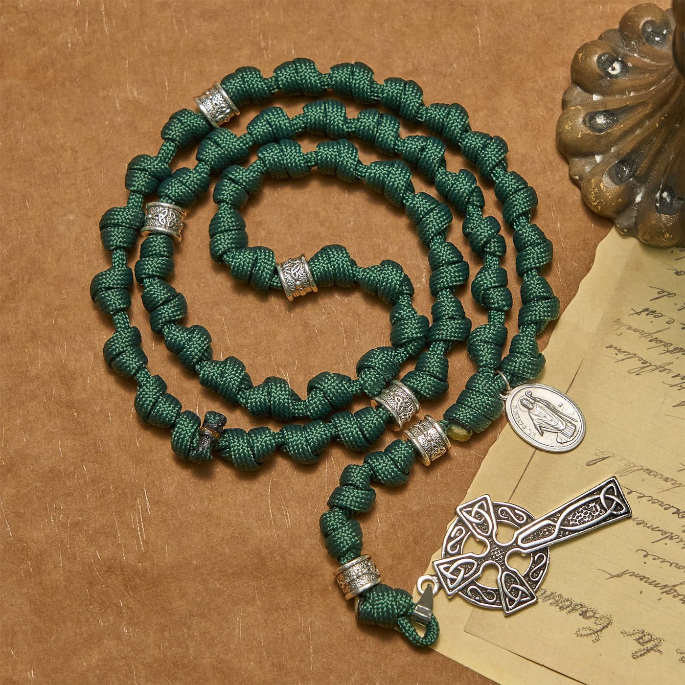 Christianartworkshop St. Patrick Medal Dark Green Celtic Style Cross Handmade Inspired Paracord Knotted Rosary