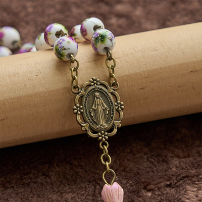 Christianartworkshop Miraculous Medal & Crucifix of 8mm Ceramic Beads & Flower Resin Beads Handmade Rosary