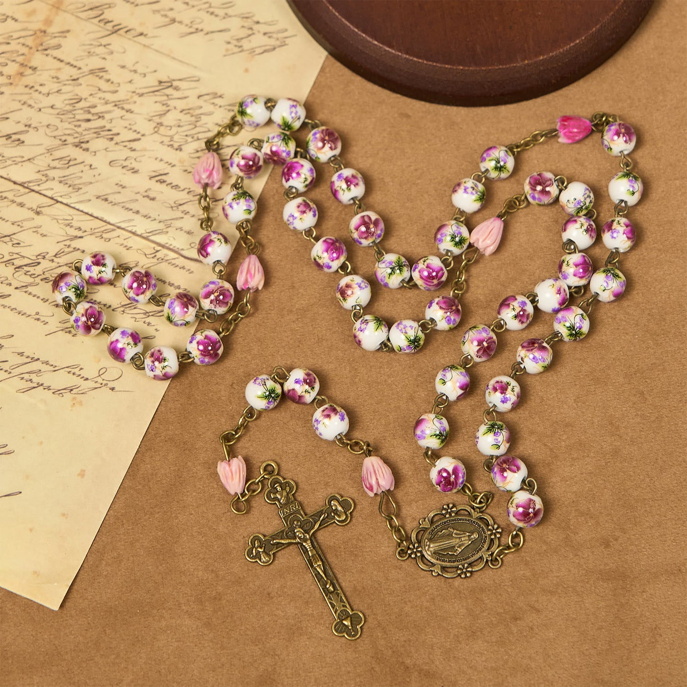 Christianartworkshop Miraculous Medal & Crucifix of 8mm Ceramic Beads & Flower Resin Beads Handmade Rosary