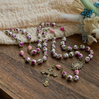 Christianartworkshop Miraculous Medal & Crucifix of 8mm Ceramic Beads & Flower Resin Beads Handmade Rosary