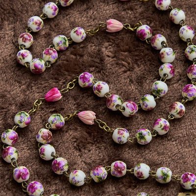 Christianartworkshop Miraculous Medal & Crucifix of 8mm Ceramic Beads & Flower Resin Beads Handmade Rosary