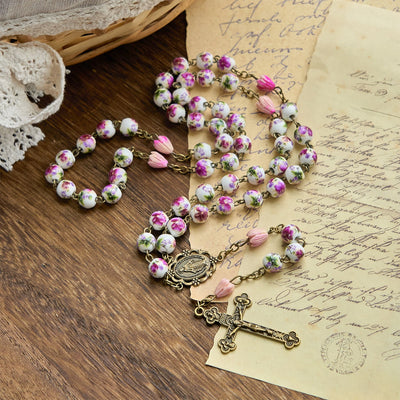 Christianartworkshop Miraculous Medal & Crucifix of 8mm Ceramic Beads & Flower Resin Beads Handmade Rosary