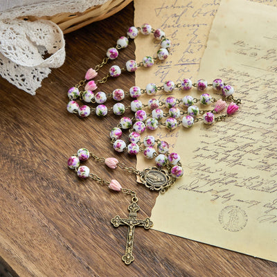 Christianartworkshop Miraculous Medal & Crucifix of 8mm Ceramic Beads & Flower Resin Beads Handmade Rosary