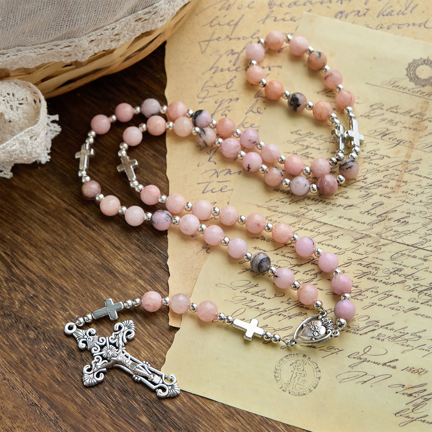Christianartworkshop Handmade Rosary with Pink Round Beads & Crucifix – A Floral Tribute to the Sacred Heart