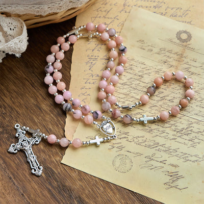 Christianartworkshop Handmade Rosary with Pink Round Beads & Crucifix – A Floral Tribute to the Sacred Heart
