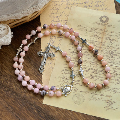 Christianartworkshop Handmade Rosary with Pink Round Beads & Crucifix – A Floral Tribute to the Sacred Heart