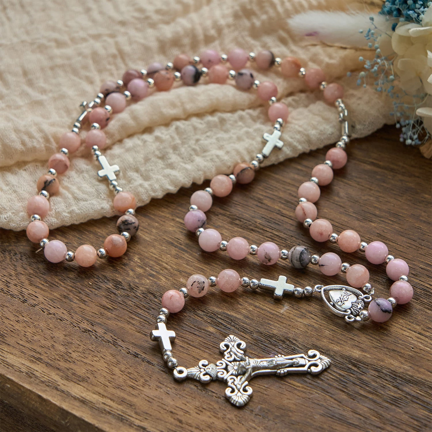 Christianartworkshop Handmade Rosary with Pink Round Beads & Crucifix – A Floral Tribute to the Sacred Heart