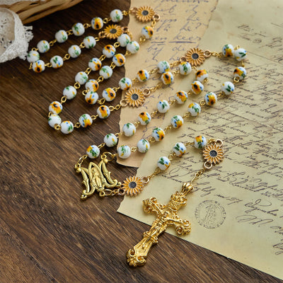 Christianartworkshop Handmade Sunflower-Inspired Rosary: A Divine Creation with Yellow Floral Beads
