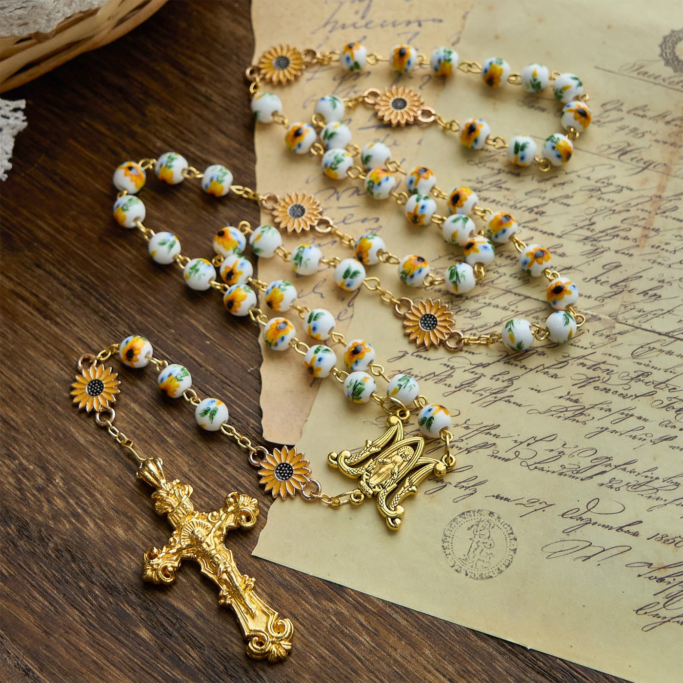 Christianartworkshop Handmade Sunflower-Inspired Rosary: A Divine Creation with Yellow Floral Beads