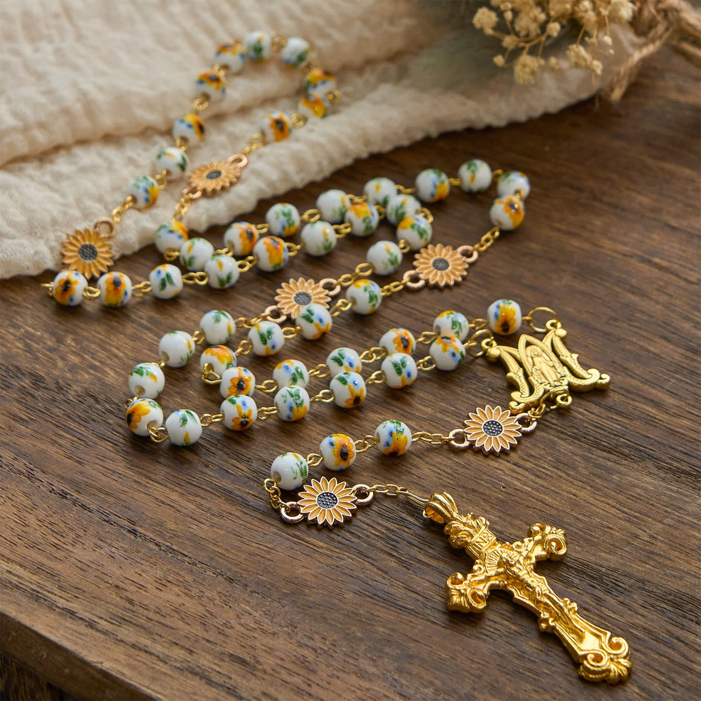 Christianartworkshop Handmade Sunflower-Inspired Rosary: A Divine Creation with Yellow Floral Beads