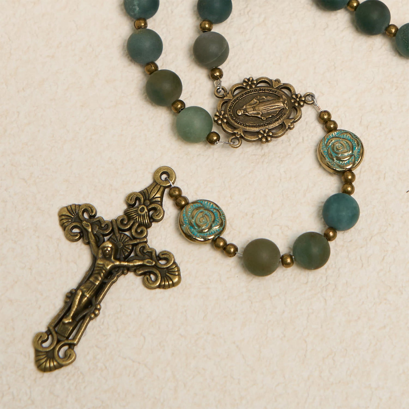 Christianartworkshop Green Agate Prayer Rosary with Bronze Rose Accents: A Sacred Journey of Healing and Faith